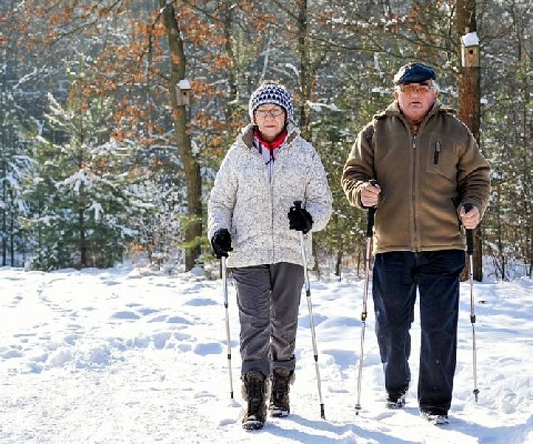 Älteres Paar wandert im Schnee