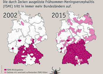 Infografik zur Verbreitung von der durch Zecken übertragenen Frühsommer-Meningoenzephalitis in Deutschland, Entwicklung von 2002 bis 2015. 