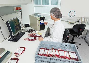 Ärztin analysiert Blutspenden im Labor auf Hepatitis-Viren