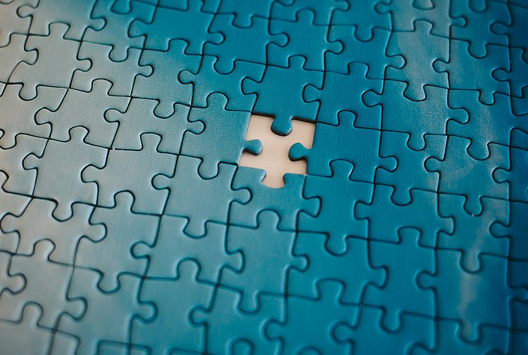 Das Foto zeigt ein fast fertiges Puzzle. Ein Teil fehlt noch.