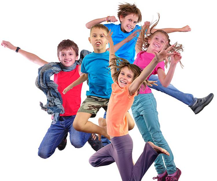 Fünf fröhlich hüpfende Kinder symbolisieren den vollständigen Polio-Impfschutz nach fünf Impfungen.