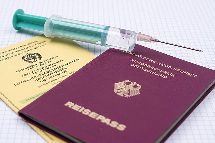 Impfpass, Reisepass und Impfspritze liegen übereinander.