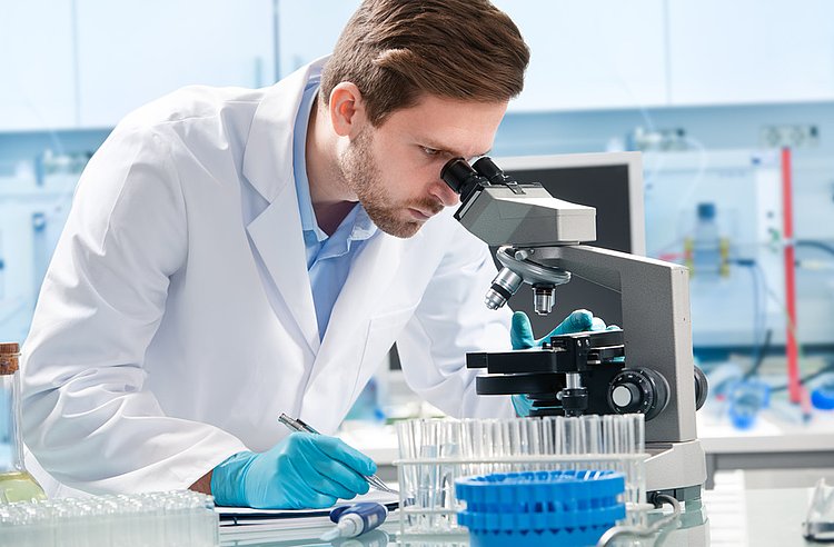 Junger Laborarzt untersucht Gewebeproben unter dem Mikroskop auf Hinweise für Prostatakrebs
