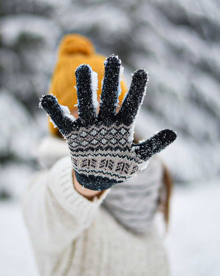 Das Foto zeigt im Vordergrund eine weibliche Hand in einem schwarzen Fingerhandschuh aus Wolle. Im Hintergrund kann man unscharf einen Winterwald erkennen.